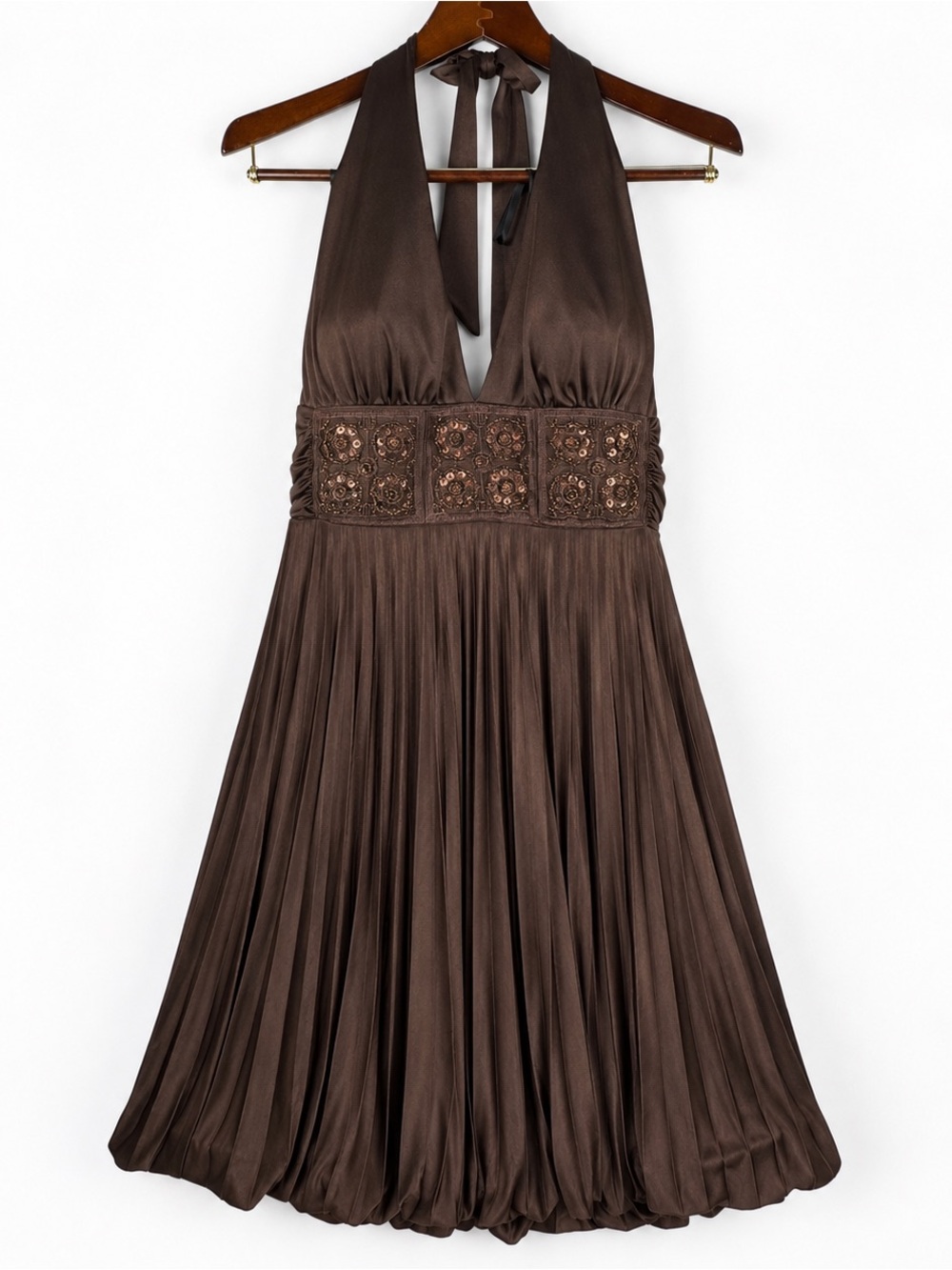 Vintage Y2K Betsy & Adam Brown Halter Beaded Pleated Bubble Hem Dress 6